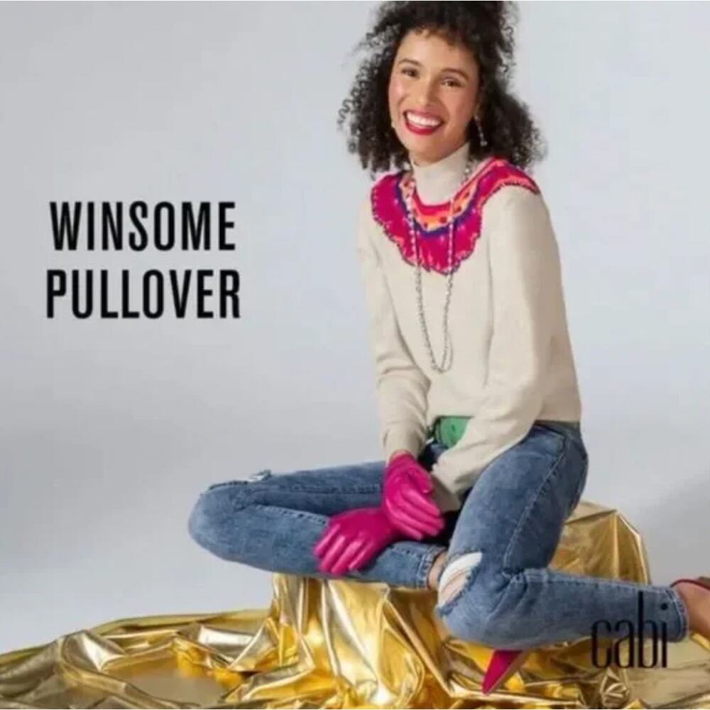 CAbi Winsome Pullover Turtleneck Sweater Embroidered Women XS 4416 Tan Pink Blue